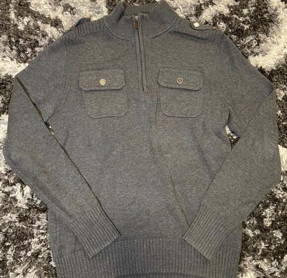 Apt. 9 Other - Apt. 9 Men's Gray 1/4 Zip Mock Neck Sweater with Chest Pockets and Epaulettes